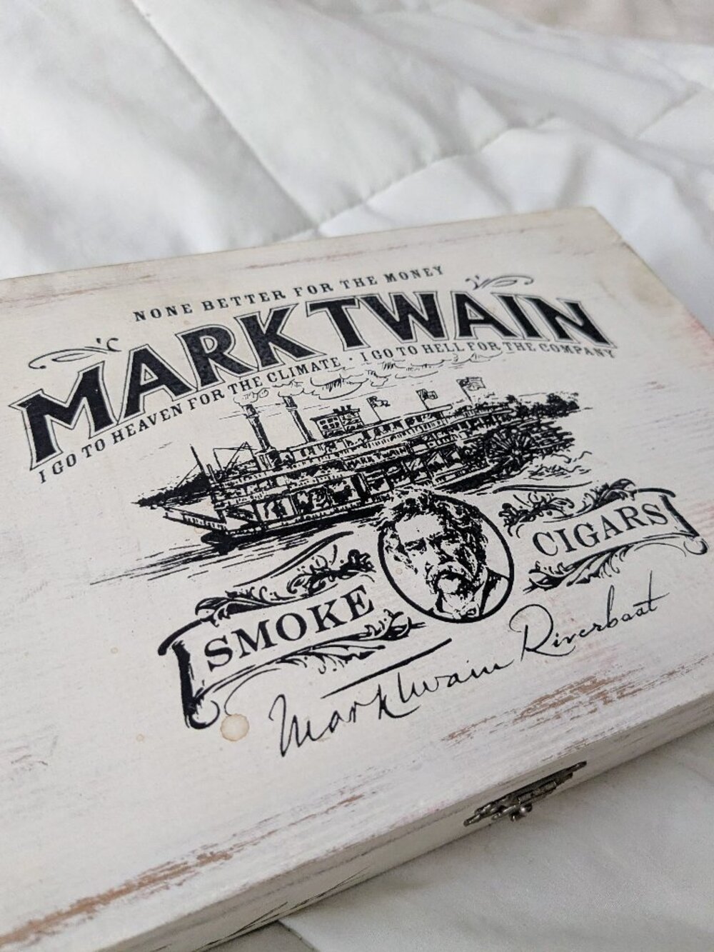 Mark Twain Riverboat Empty Cedar Wood Cigar Box White Cream Shabby Chic Decor